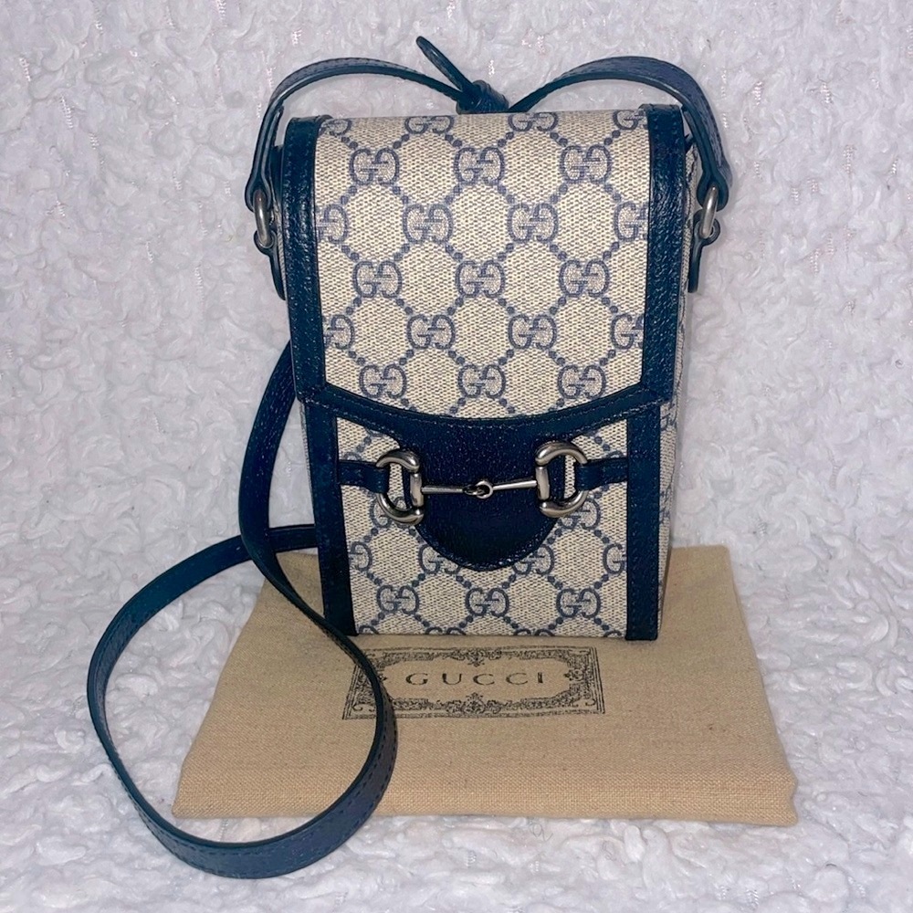 Gucci GG Guccissima 1955 Horsebit Mini Rectangle Crossbody Bag Navy Beige 625615